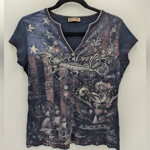 Blue Canyon Navy Blue Americana Eagle Celebrate Graphic Henley Top Y2K Large